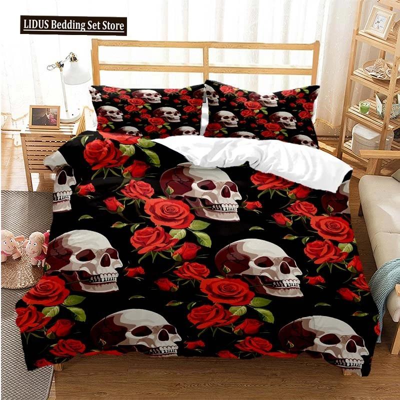 Sugar Skull Duvet Cover Set Queen Size Flowers Skeleton Bed Linen Double Bedding Set With Pillowcase King Size Skull Quilt Cover