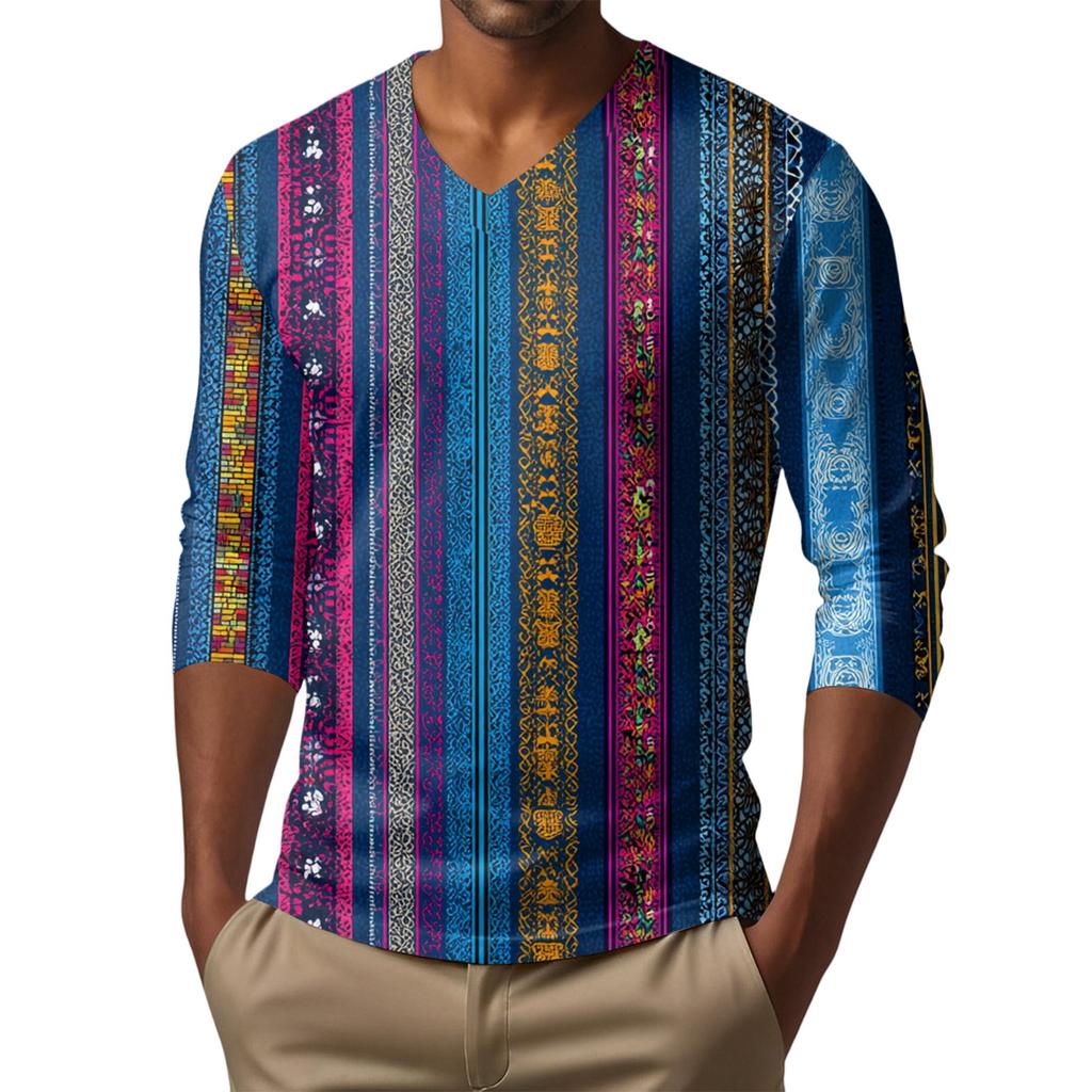 Men's V-neck Casual Fashion Printed Long-sleeved T-shirt Top