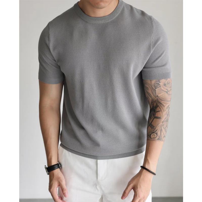 

Men Short Sleeve Knit T Shirt Crew Neck Solid Color Slim Fit Casual Breathable Top M светло-серый