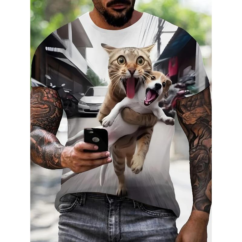 Men's 3D Printed Cat And Dog Play Pattern T-shirt Breathable Round Neck Short-sleeved Summer Casual Top Outdoor Casual wear