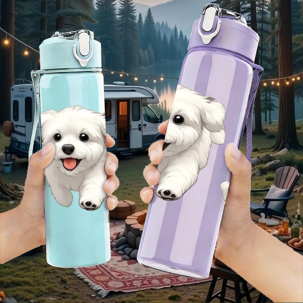 1PC Two White Puppy Dog 750ml Color Plastic Sports Water Bottle Leakproof Flip Straw Lid Suitable for Sports Office Home Use
