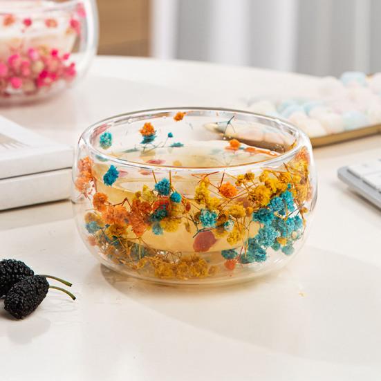 Bol de Sticlă 300ml cu Perete Dublu din Sticlă Borosilicată cu Flori Uscate Bol Decorativ Artistic pentru Supă Desert