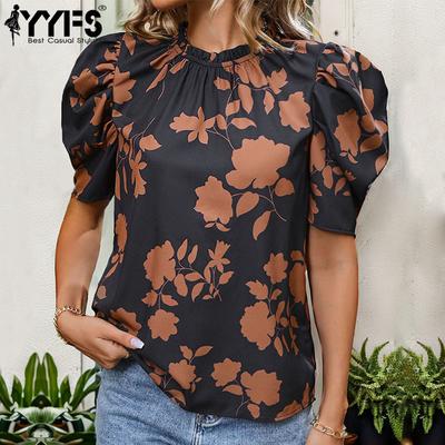 Women's Fashion Casual Summer Spring Flower Pattern Print Short Sleeve O-Neck Blouses & Shirts