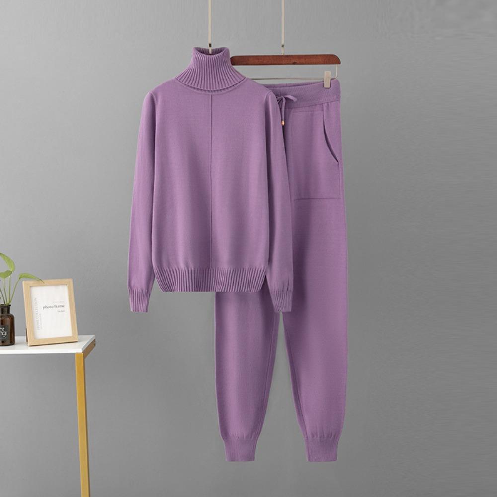 Women 2 Piece Sets Candy Color Knitted Turtleneck Knitwears Sweater Pullover Tops High Waist Casual Harem Pants Outfit