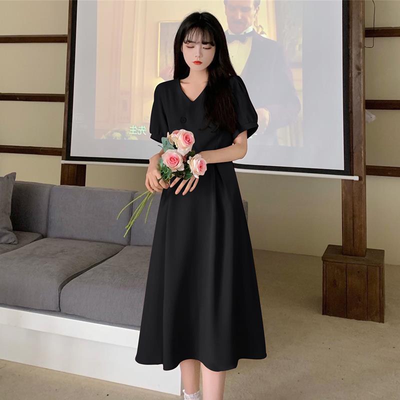 Large size chic design bubble sleeve dress gentle wind summer skirt fat mm belly and thin French dress