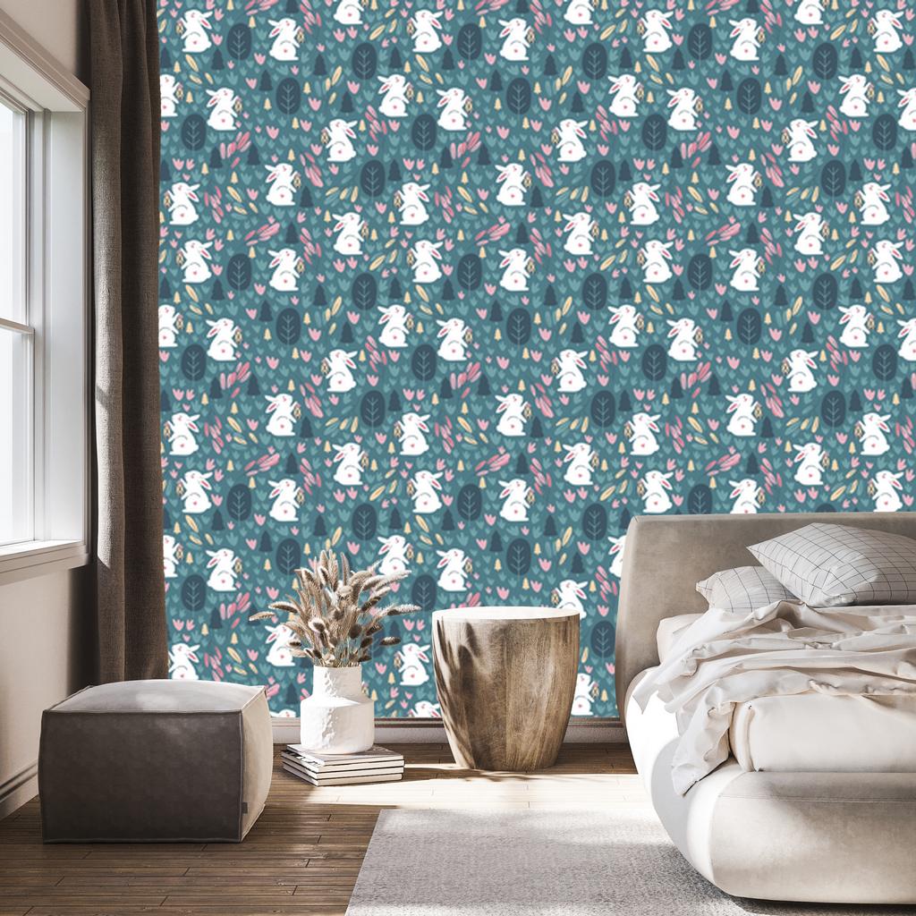 White Bunnies In the Forest Wallpaper for Living Room and Bedroom 50x1000