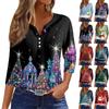 Women's Fashion Casual Christmas Print V-Neck 3/4 Sleeve Button T-Shirt Top