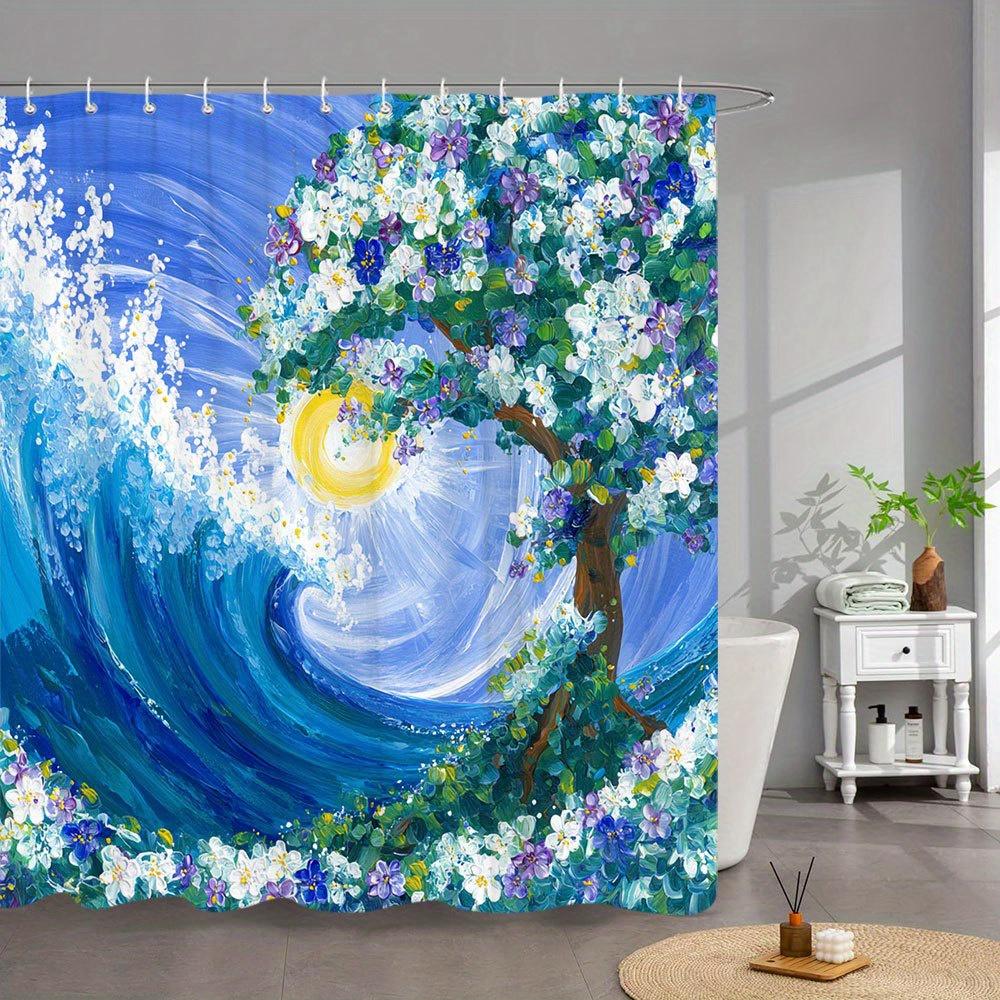 

1Pc Impressionist Ocean Wave & Blooming Tree Art Bath Curtain - Purple Flowers, Blue Wave, Yellow Sun Design, Includes 12 Hooks, W60H190(CM)-1 Pcs