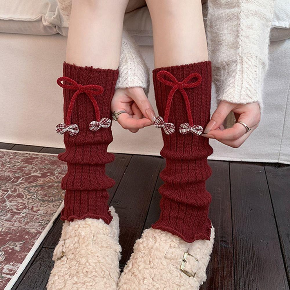 Bow Design Furry Leg Warmers Middle Tube Lolita Boots Cover Knitted Leg Warmers  Autumn Winter