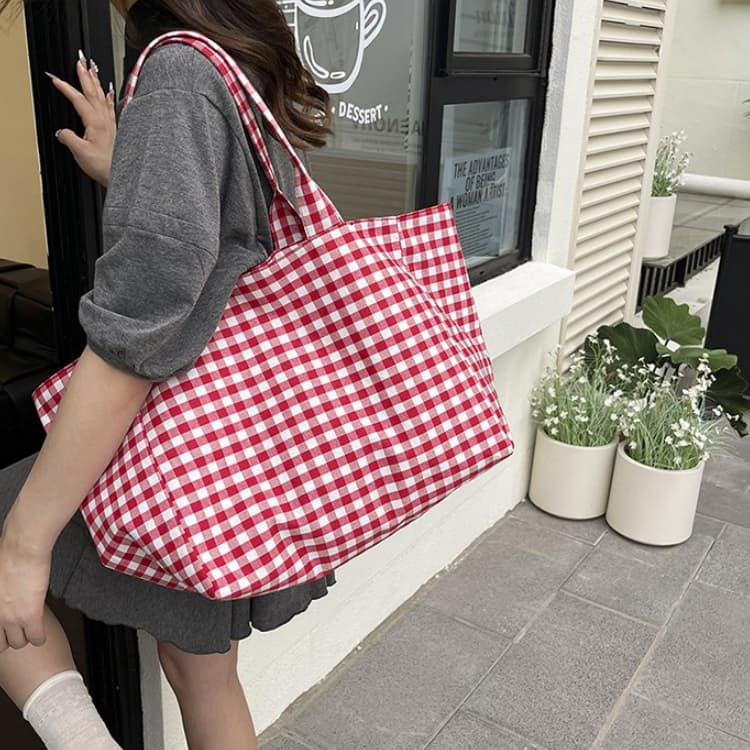 Contrast Color Plaid Shoulder Bag Large Capacity Tote Bag