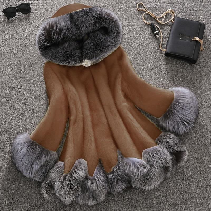 Faux Fur Coat Women Autumn Winter Faux Mink Coat Faux Fox Fur Collar Hooded Jacket Large Size Tops Fur Women Christmas Clothes
