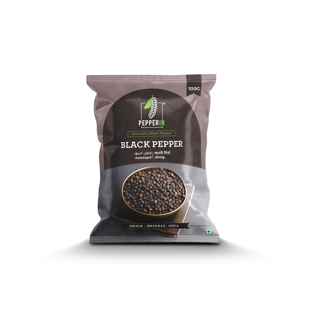 Pepperin® - Black Peppercorns (Whole) Bold | 100% Natural Sabut Kali Mirch | 100% Chemical-Free | Wayanad Origin - 100gm Pouch
