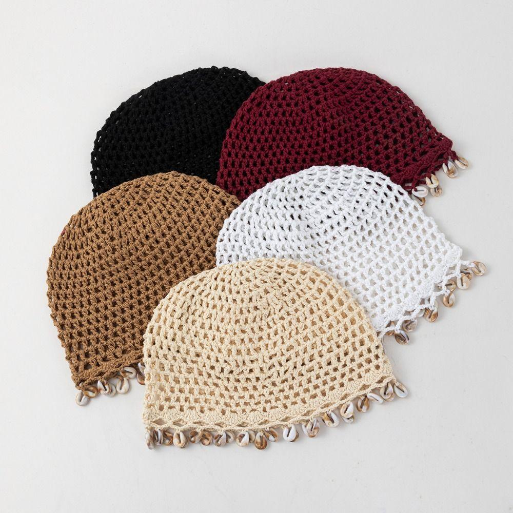Cotton Crochet Shell Beanie Hat Breathable Hollow Out Knit Cap Summer Headwear Daily Wear