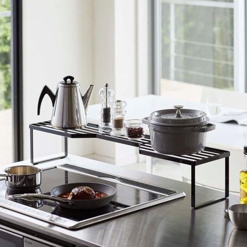 Yamazaki Exhaust Vent Cover Over-Stove Rack for 75cm Stoves, Black, Approx. W82.5 x D18 x H15cm, Tower-Shaped, Tall Pot and Pan Rest, 5267