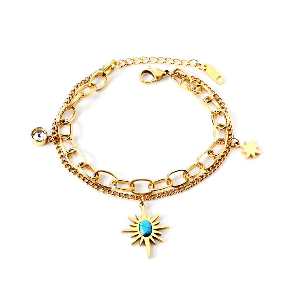 Fashion Jewelry Double Stacked Bracelet Lucky Star Blue Songhua Stone Pendant, Jewelry Stainless Steel Gold Plated Bracelet