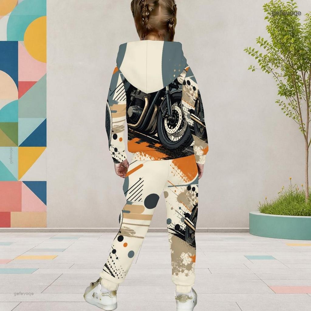 Girls Hooded Long Sleeve Printed Casual Two Piece Outfit Kangaroo Pocket Cuffed Pants