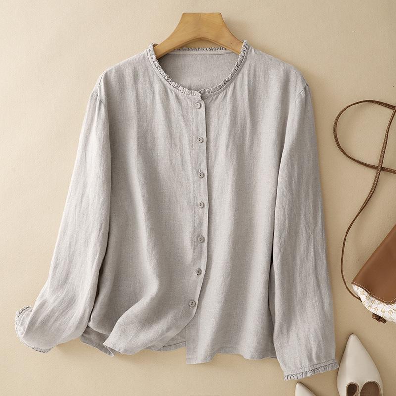 2025 Autumn Cotton Linen Ruffled Retro Long Sleeve Top