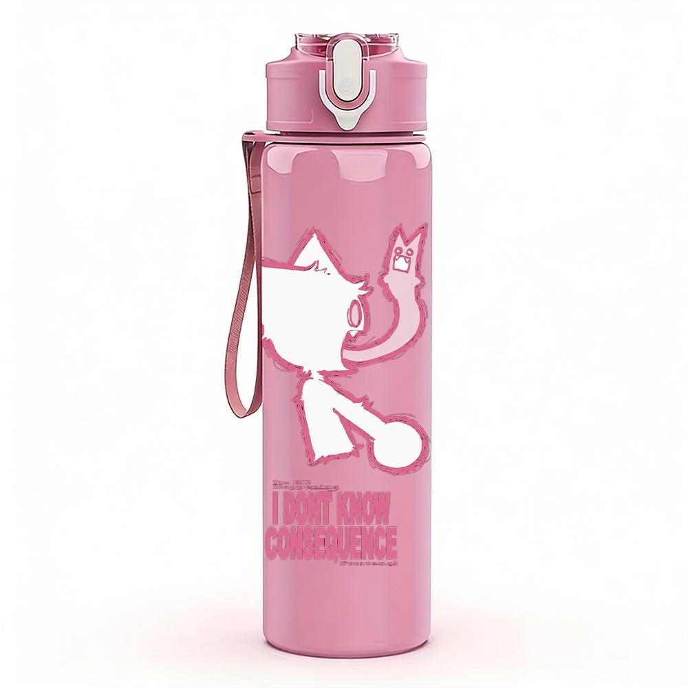 1PC Pink Cat Cartoon Line Art Print 750ml Colorful Plastic Sports Water Bottle Leakproof Pop Up Lid with Straw for Outdoor Work Home Use