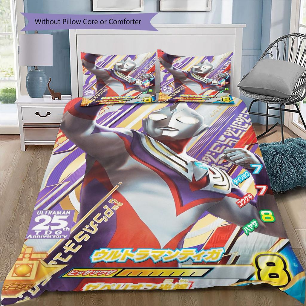 Three-piece cartoon Ultraman Tiga printed bedding set,(1*Duvet Cover + 2*Pillowcase, Without Core) suitable for bedroom use.