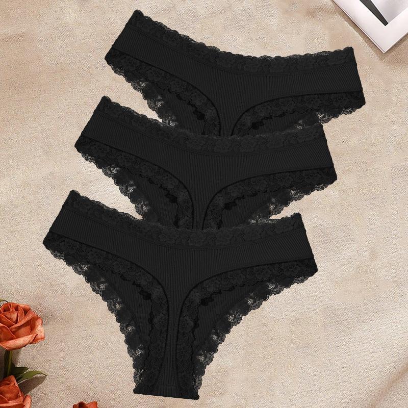 FINETOO 3Pcs/Set Women's Cotton Lace Thongs Underwear Seamless Low Waist Ribbed Breathable Panties Female Soft Comfortable Sexy Lingerie