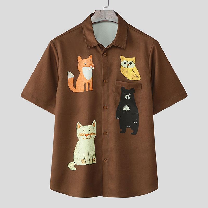 

INCERUN Men Lapel Neck Short Sleeve Cartoon Print Casual Oversized Shirts