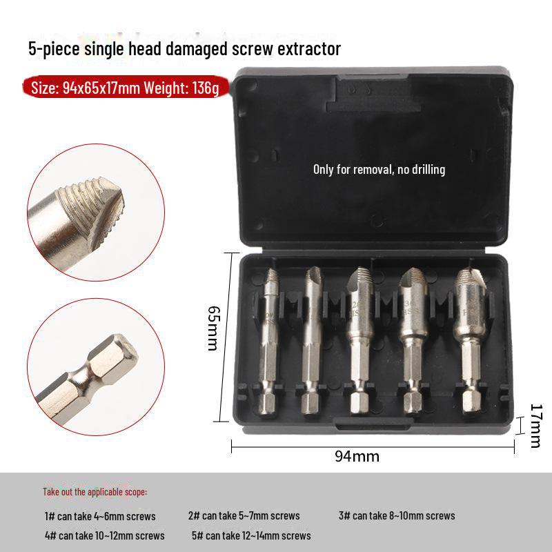 5-Piece Broken Screw and Thread Extractor Set with Hexagonal Handle