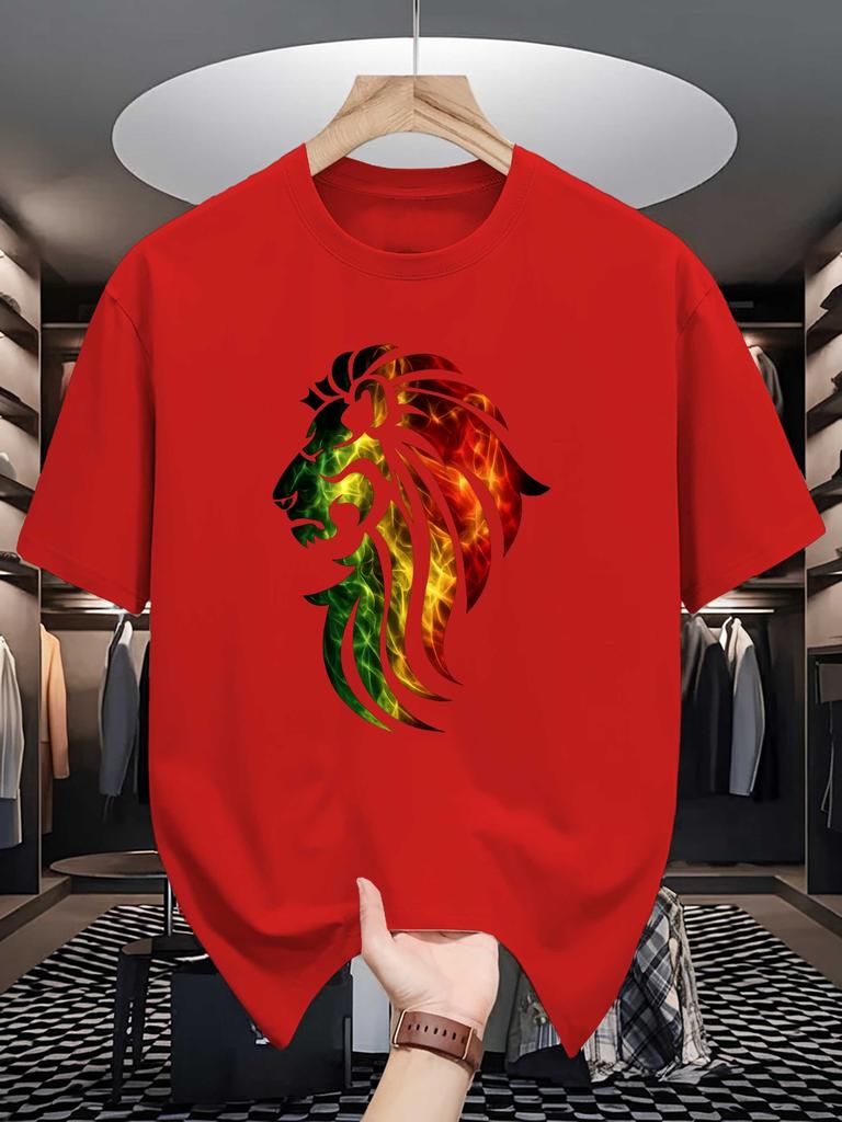 Unisex Crew Neck Tee Gradient Flame Lion Head Art Graphic Print Soft Cotton Loose Short Sleeve Summer Casual Male Streetwear Tops