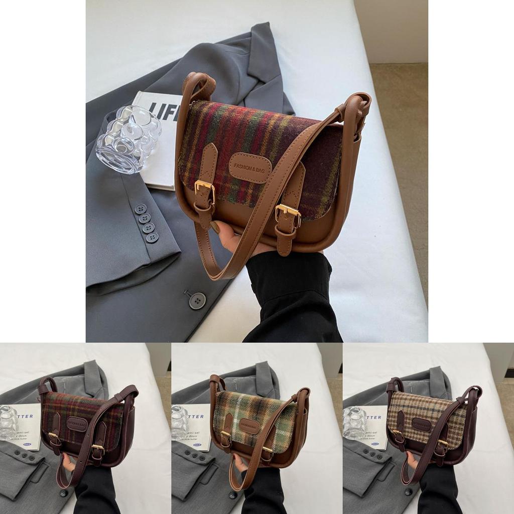 2024 Winter New Plaid Cloth Bag Fashion Casual Shoulder Bag Commuter Simple Crossbody Bag Retro Women's Bag Red Plaid Coffee