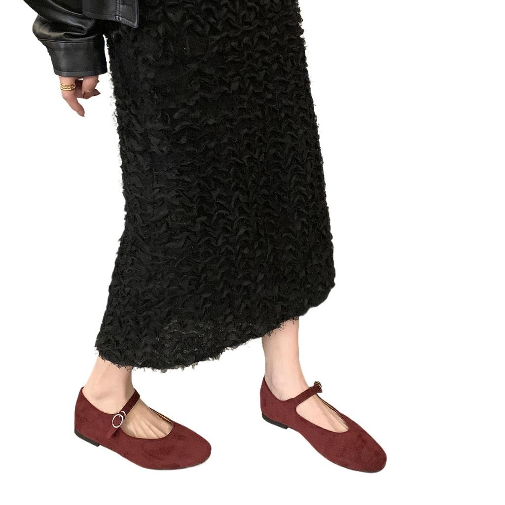 THEDOUDOU Round Head Retro Temperament Word with Mary Jane Shoes Women's 2025 Flat-bottomed Suede Single Shoes Doudou Shoes