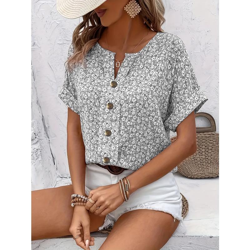 Summer Printed Women's T-shirt Elegant Floral Buttons Short Sleeve Loose Casual T-shirts Women Fashion Vintage Office Ladies Pullover Tee Tops New