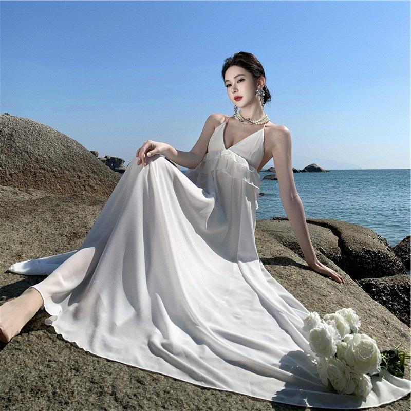 White High-end Three-dimensional Deep V Neck Ruffle Edge Bridal Morning Robe Banquet Dress Vacation Dress Chiffon Other