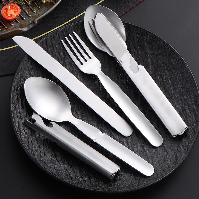 4Pcs/Set Portable Stainless Steel Outdoor Camping Knife Fork Spoon Combo Cutlery Set Dinnerware Camping Cooking Flatware