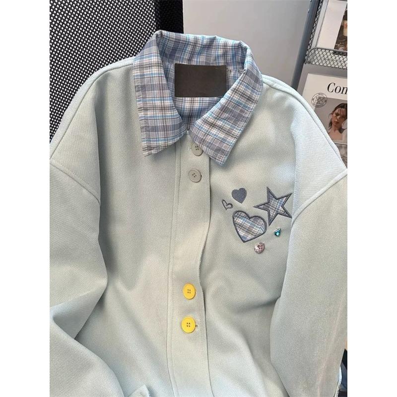 Star Contrasting Women's Hoodie Plaid Lapel Colored Button Sweatshirt Jacket Korean Casual Female Loose Long Sleeved Top