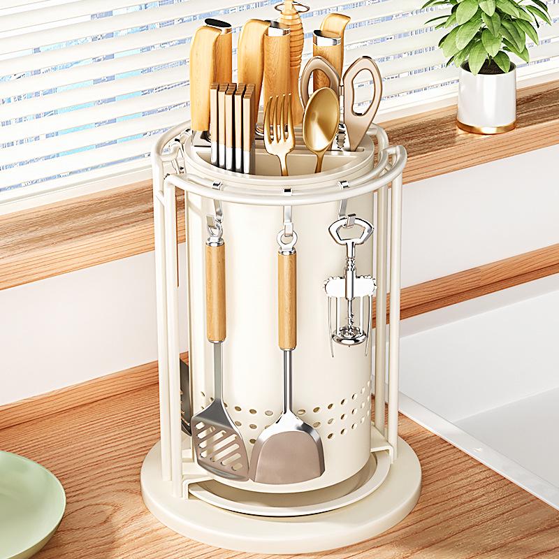 Multifunktionaler Küchenmesser- und Utensilienhalter: Drehbarer Aufbewahrungsständer für Messer, Spatel, Löffel, Essstäbchen und Hackmesser.