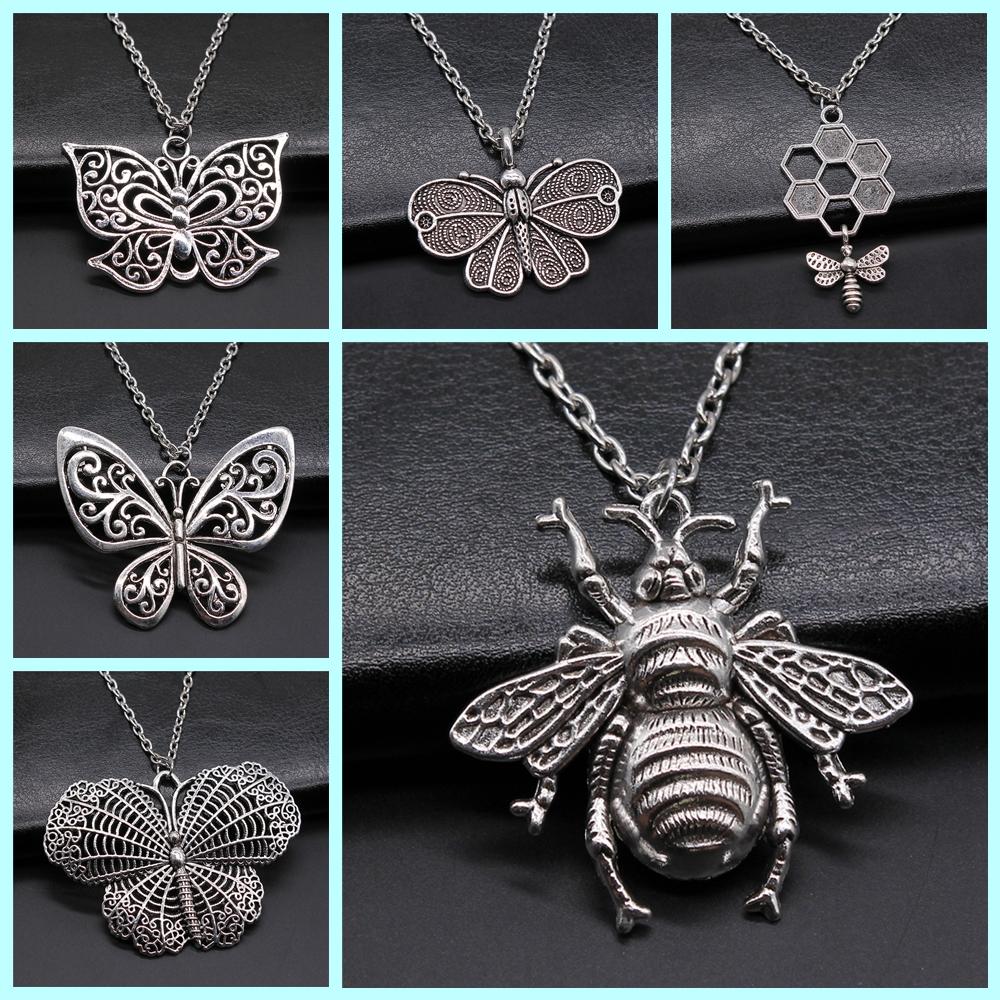 New Fashion Antique Silver Color Flying Animal Insect Necklace Butterfly Dragonfly Bee Cicada Pendant Necklace Gift For Women