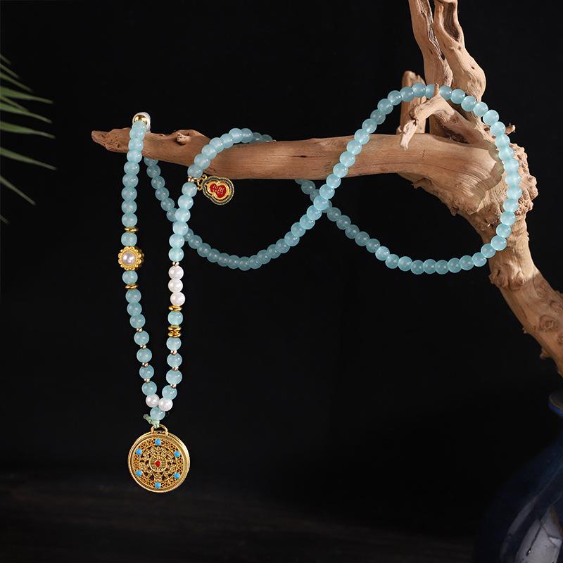 Chinese Style Pearl Necklace Hanfu Accessory Zinc Alloy Hollow Carved Pendant Long Chain Necklace