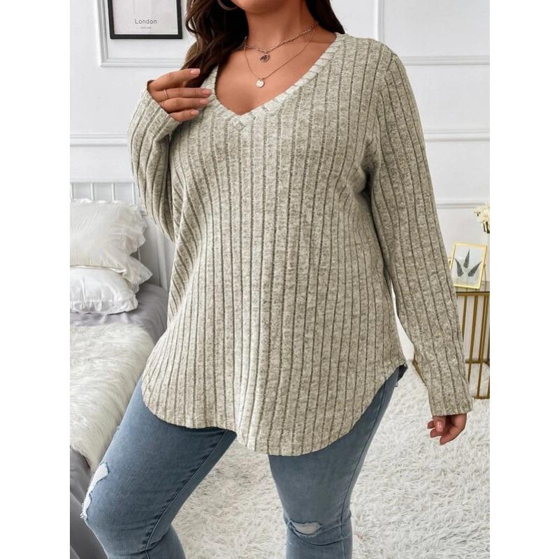 New V Neck Long Sleeve Casual Plus Size Loose Blouse Solid Color Women Large Casual Office Fashion Elegant Long Sleeve Tos Pit Strip Tshirt Clothes