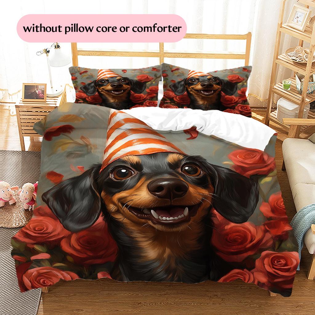 Rose Dog for Birthday Pattern Bedding Quilt Set  Home Decoration  Gift (1 * duvet cover + 2 * pillowcase  without core)
