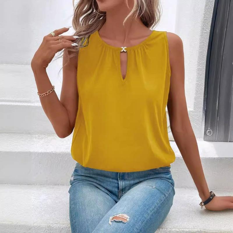 Nuova camicetta estiva ampia senza maniche con scollo rotondo da donna, camicia casual da ufficio alla moda, canotta a tinta unita, elegante, sexy, semplice, con intagli, top e canotta.
