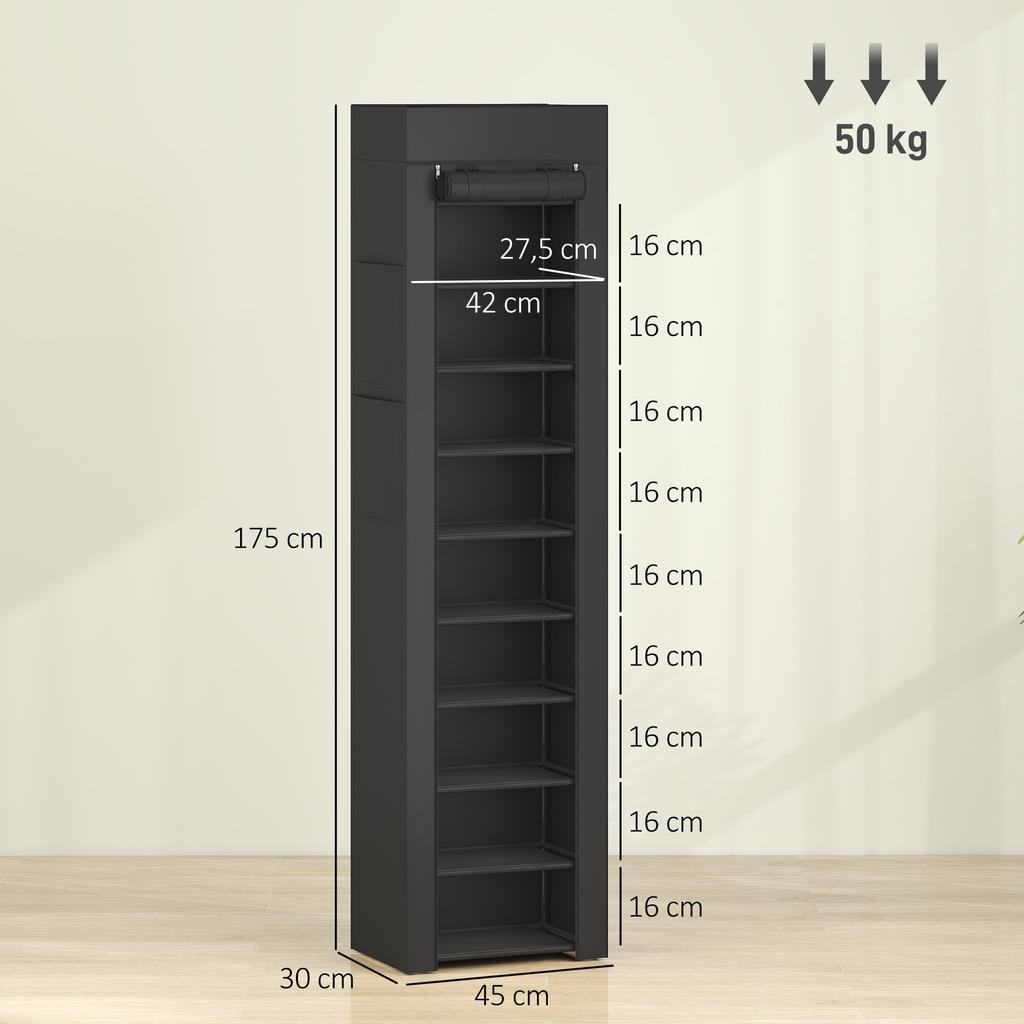 Metal Shoe Rack with Dustproof Fabric Cover, for up to 20 Pairs of Shoes, 45 x 30 x 175 cm, Black