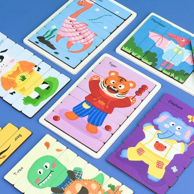 Cartoon Animal Double-sided Strip Wooden Puzzles Kids Montessori Jigsaw Game Baby Educational Toys for Children