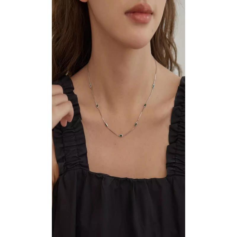 Vin14K Gold Plated Dainty Green Rectangle Cubic Zirconia Necklace Thin Snake Chain Minimalist Daily Choker Neck Jewelry for Women