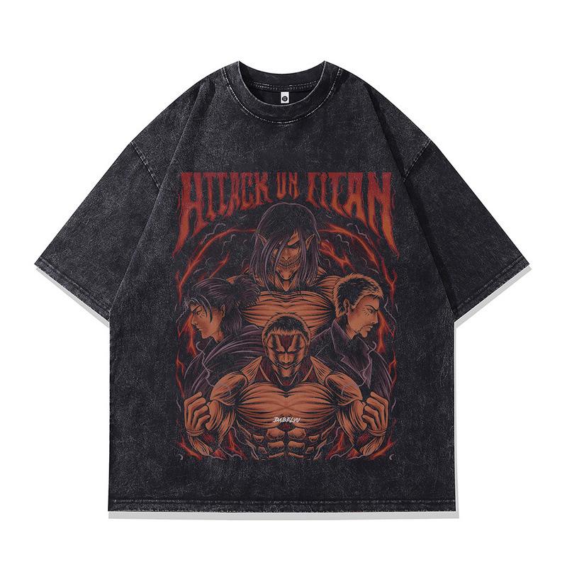 Summer New Japanese Street Retro Cartoon Direct Injection Printing Washed Loose Cotton Short-Sleeved T-Shirt For Men And Women