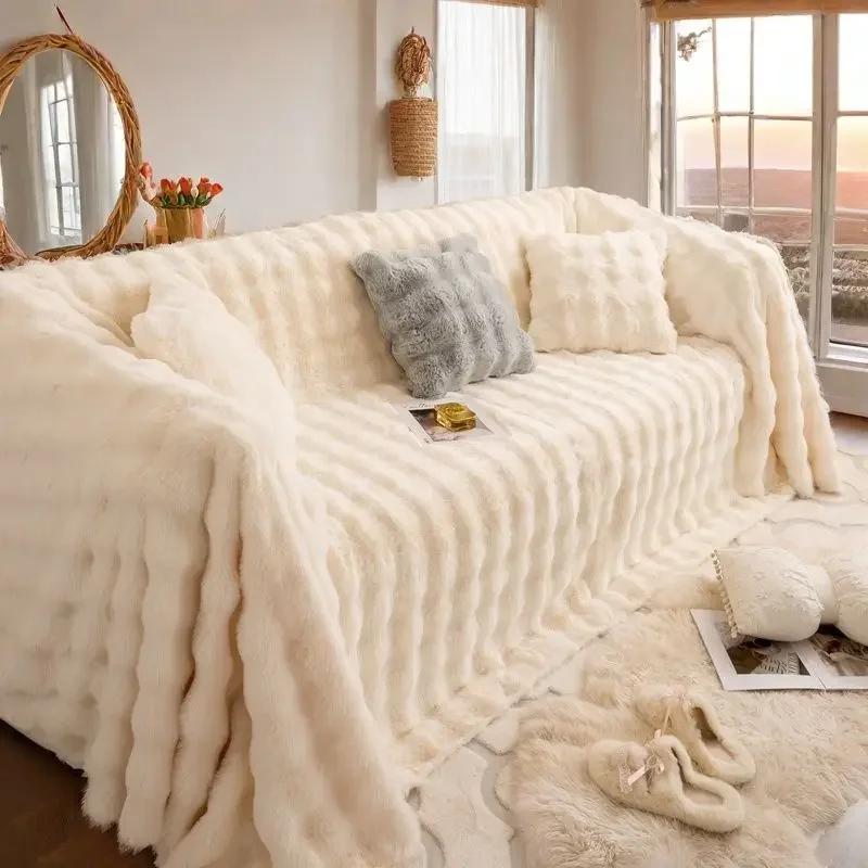 Rabbit Plush Large Sofa Anti Slip Cover Cloth Thick Winter All Inclusive Sofa Cushion Anti Cat Scratch Universal Cover Blanket
