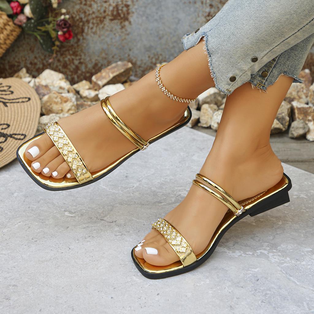 Modne Kapcie Damskie Nowe Modne Buty Damskie Złote Z Odkrytymi Palcami Błyszczące Kapcie Z Cyrkoniami Codzienne Buty Klapki Outdoorowe Damskie