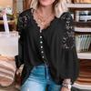 Womens Fashion Hollow Lace Stitching V-neck Flared Long Sleeve T-Shirt Tops