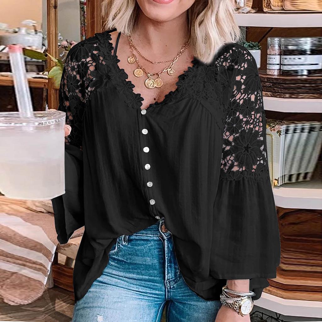 Womens Fashion Hollow Lace Stitching V-neck Flared Long Sleeve T-Shirt Tops
