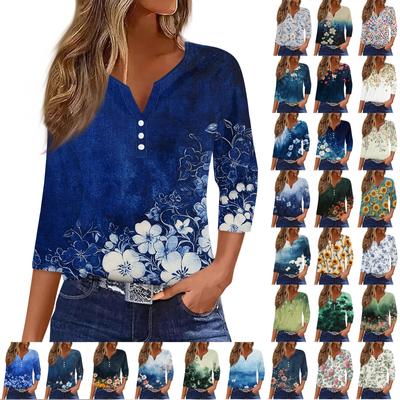 Women's Fashion Casual Floral Print V-Neck Decorative Button Three-quarter Sleeve T-Shirt Top