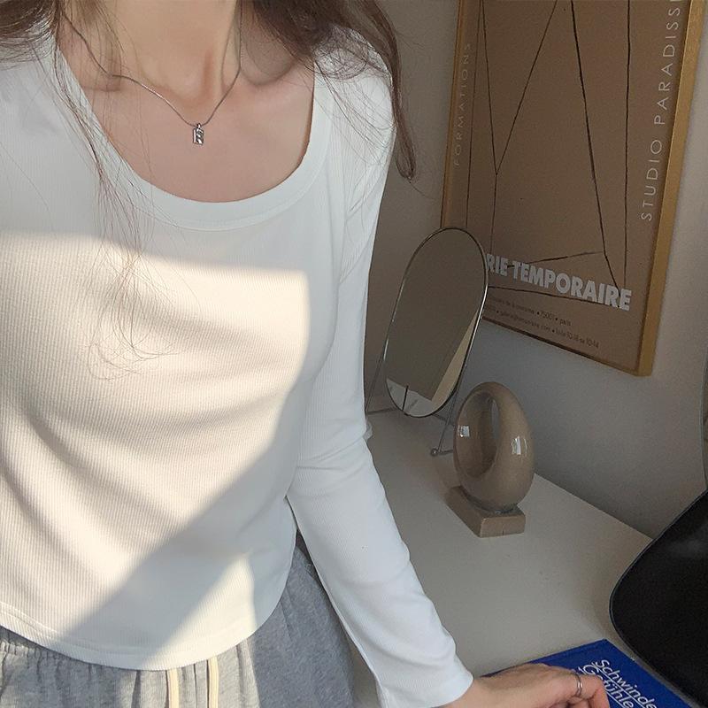 Solid Color Low-cut Square-neck Tight-fitting Bottoming Shirt for Women Spring New Slim-fitting Long-sleeved T-shirt Short Inner Top