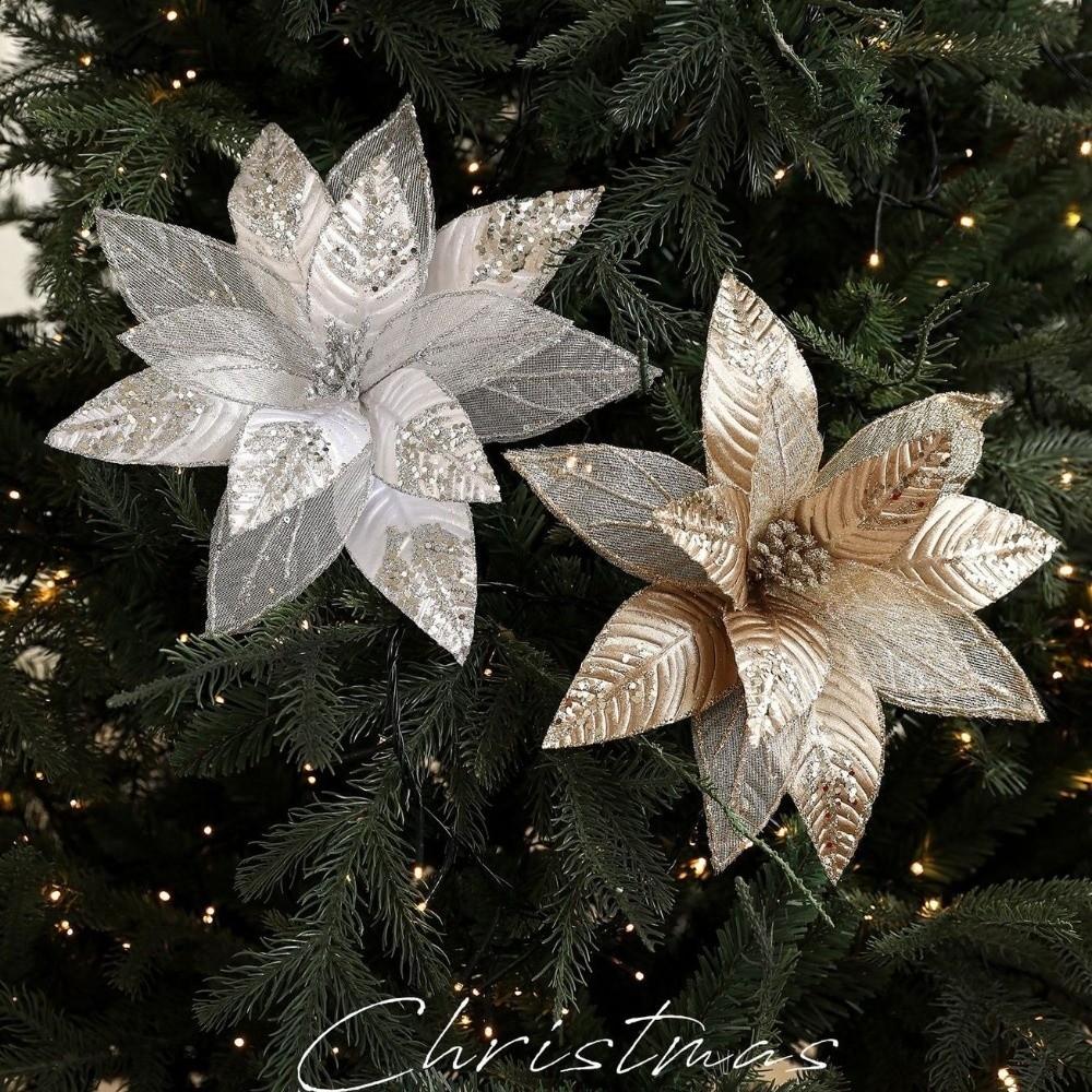 Glitter Artificial Poinsettia Flower 29CM Simulation Flowers Sequins Flower Christmas Decoration